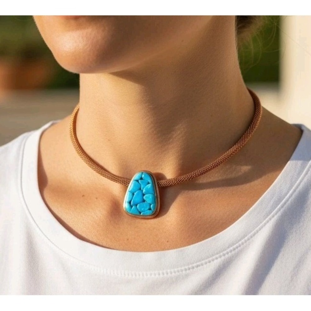 Jay King DTR Blue Basin Turquoise Pendant Mesh Copper Choker Necklace 17-1/4"